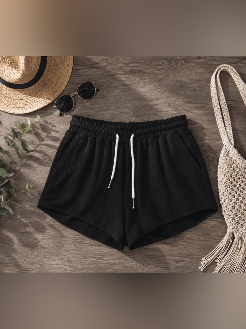 Fashion Nova Black Lounge Shorts | High Waist Drawstring | Size Large | NEW